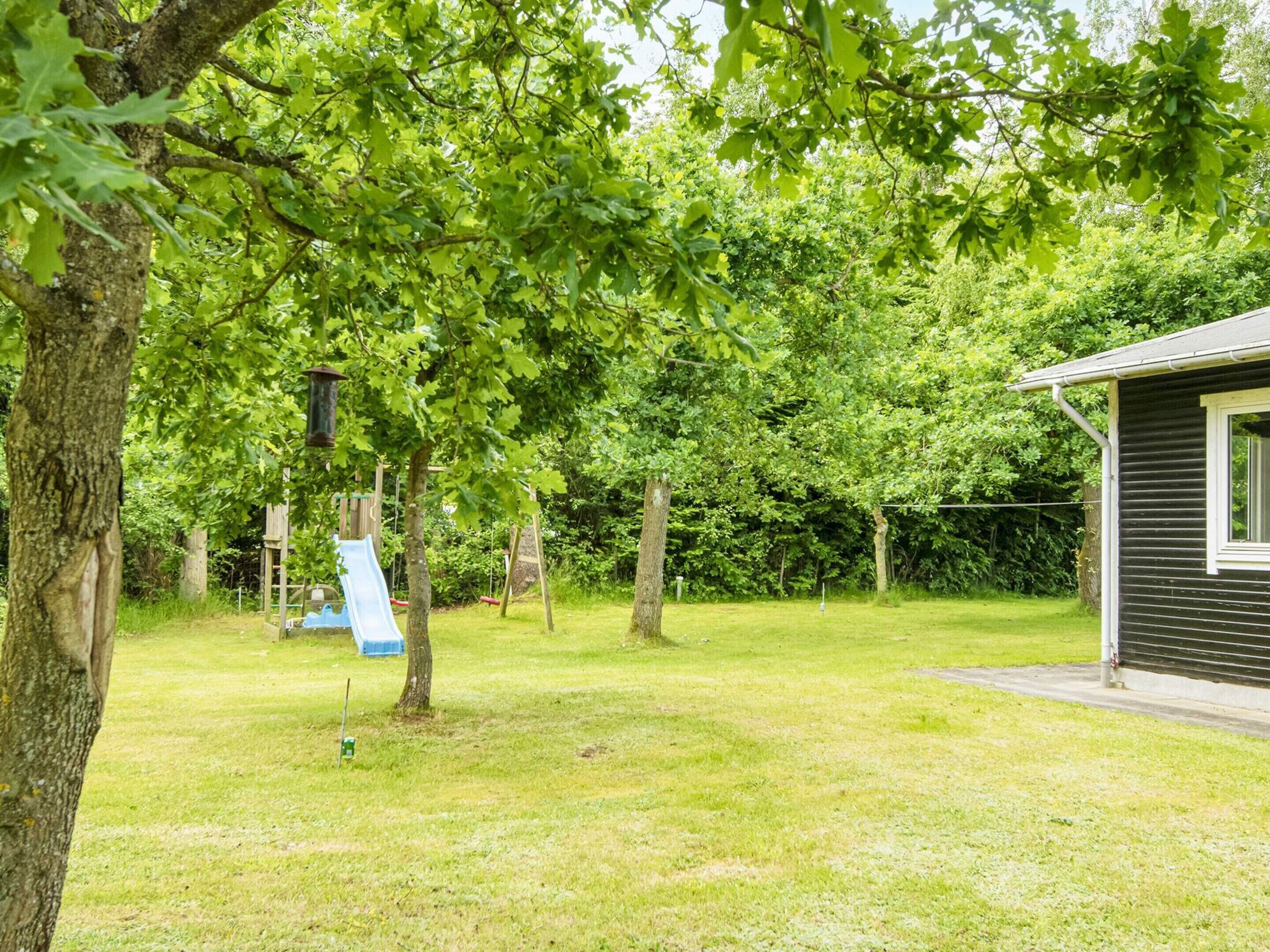 A grassy outdoor area with a playground, including a slide, and a small building with a window.