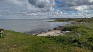 A coastal landscape with a grassy area, a wooden bench, and a calm body of water under a cloudy sky. - 6 Person Holiday Home in Orsted-by Traum (Ørsted)