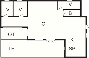 A hotel layout with two bedrooms (V), a bathroom (B), an office (OT), a kitchen (K), and a spa (SP). - 6 Person Holiday Home in Asnaes-by Traum (Asnaes)