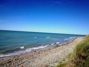A beach with a rocky shoreline and a grassy dune. - 6 Person Holiday Home in Hirtshals (Hirtshals)
