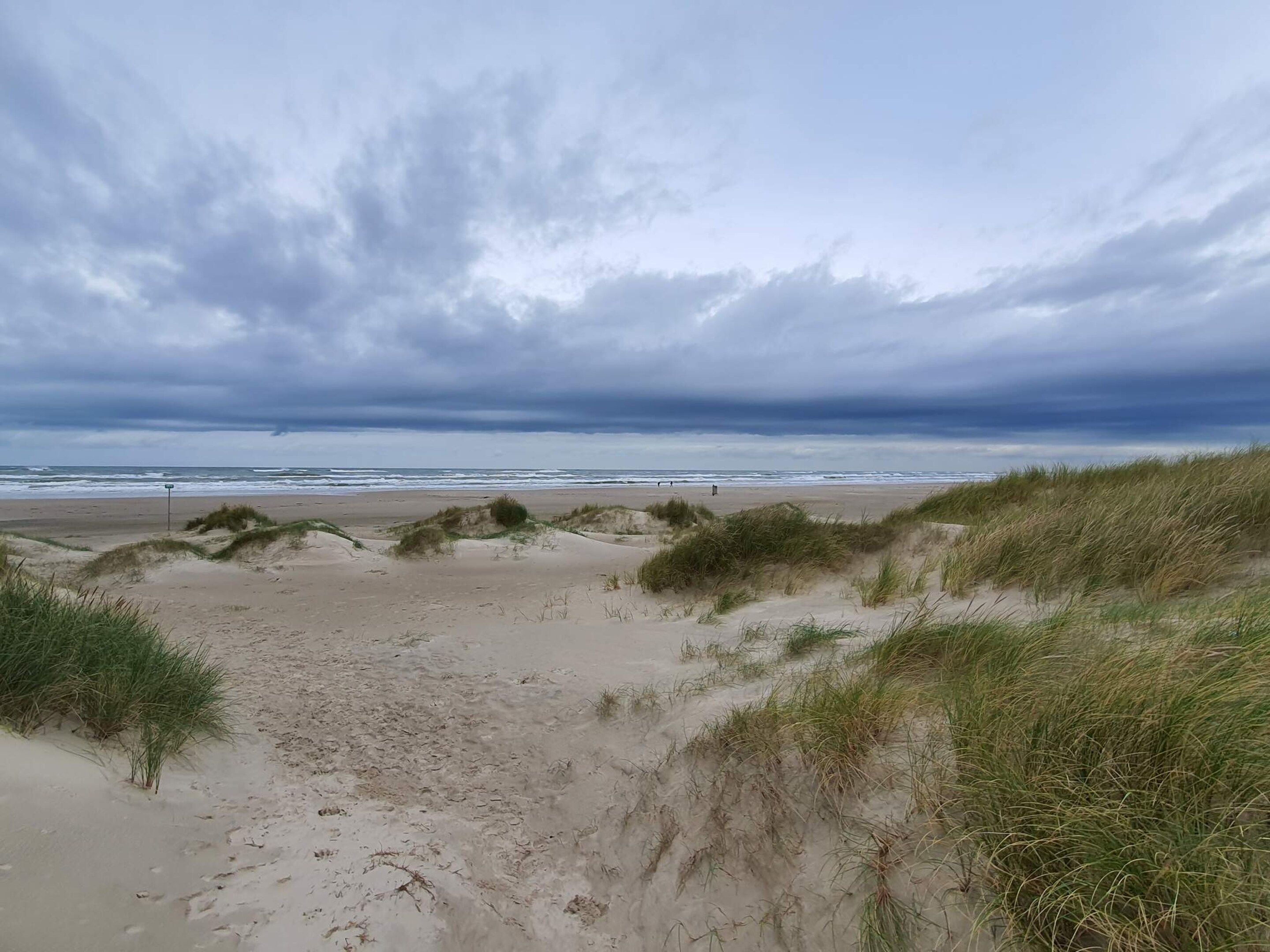 Ein Strandweg führt zum Meer, vorbei an Dünen, unter einem bewölkten Himmel.