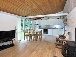 A modern kitchen with white cabinets, a dining area with wooden chairs, a TV on a stand, and a fireplace.