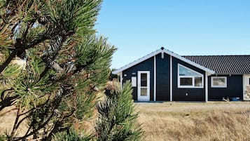 Una casa de exterior oscuro, con techo triangular y puerta con ventana.