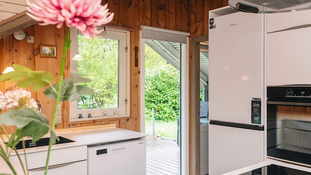 A modern kitchen with a dishwasher, oven, and a window overlooking a deck. - 6 Person Holiday Home in Oksbol (Oksbol)