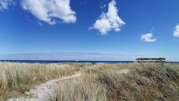 A beach path leading to a building with a view of the ocean.