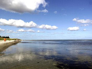 Una playa con cielo despejado y agua tranquila.