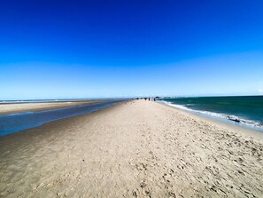 A wide sandy beach with a clear sky, a pier in the distance, and footprints leading towards the water. - 4 Person Holiday Home in Skagen (Skagen)