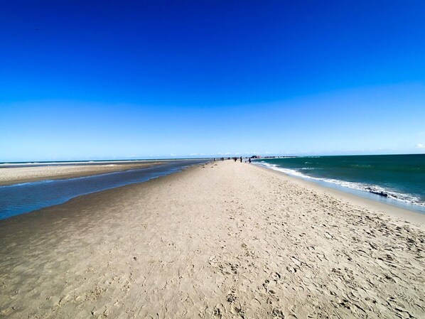 Ein weiter Sandstrand, strahlend blauer Himmel, ruhige See und ein Pier in der Ferne.