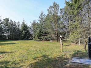 Enjoy a peaceful retreat in a lush garden with a swing set and birdhouse, surrounded by conifers and deciduous trees.