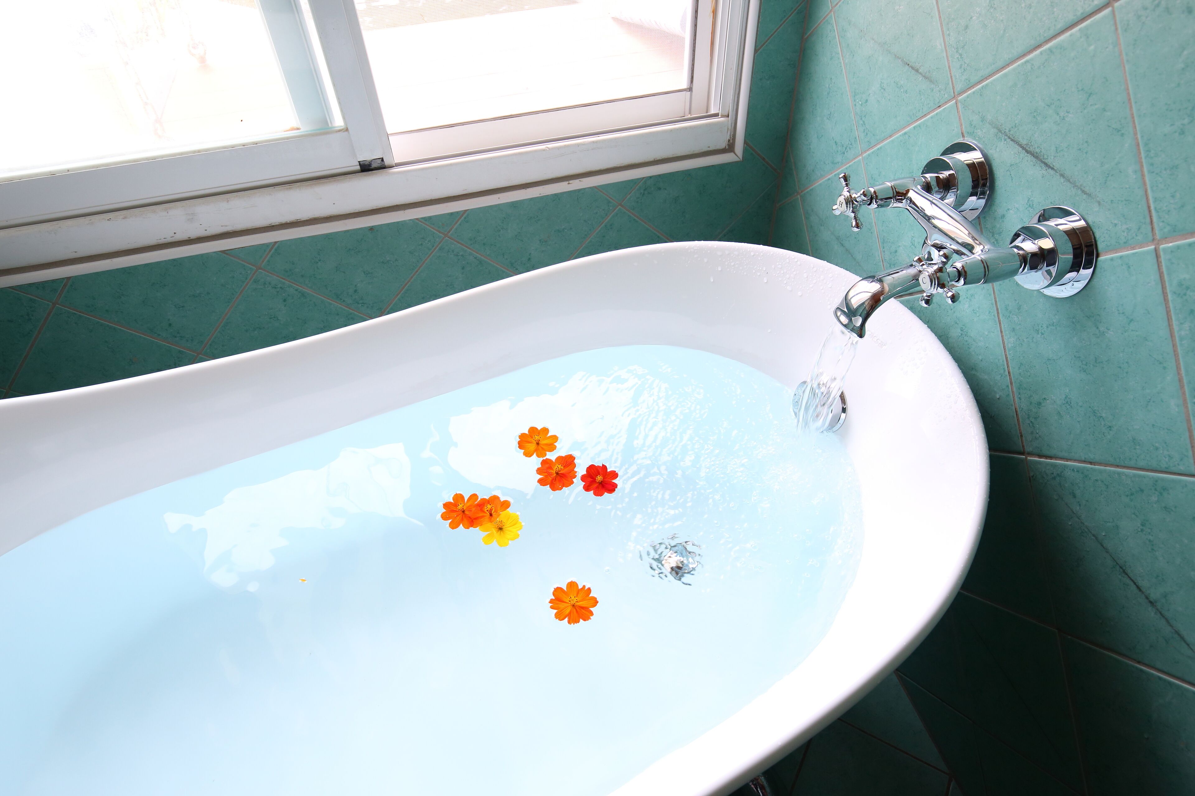 A bathtub with flowers floating on the water, a window above it, and teal tiled walls.