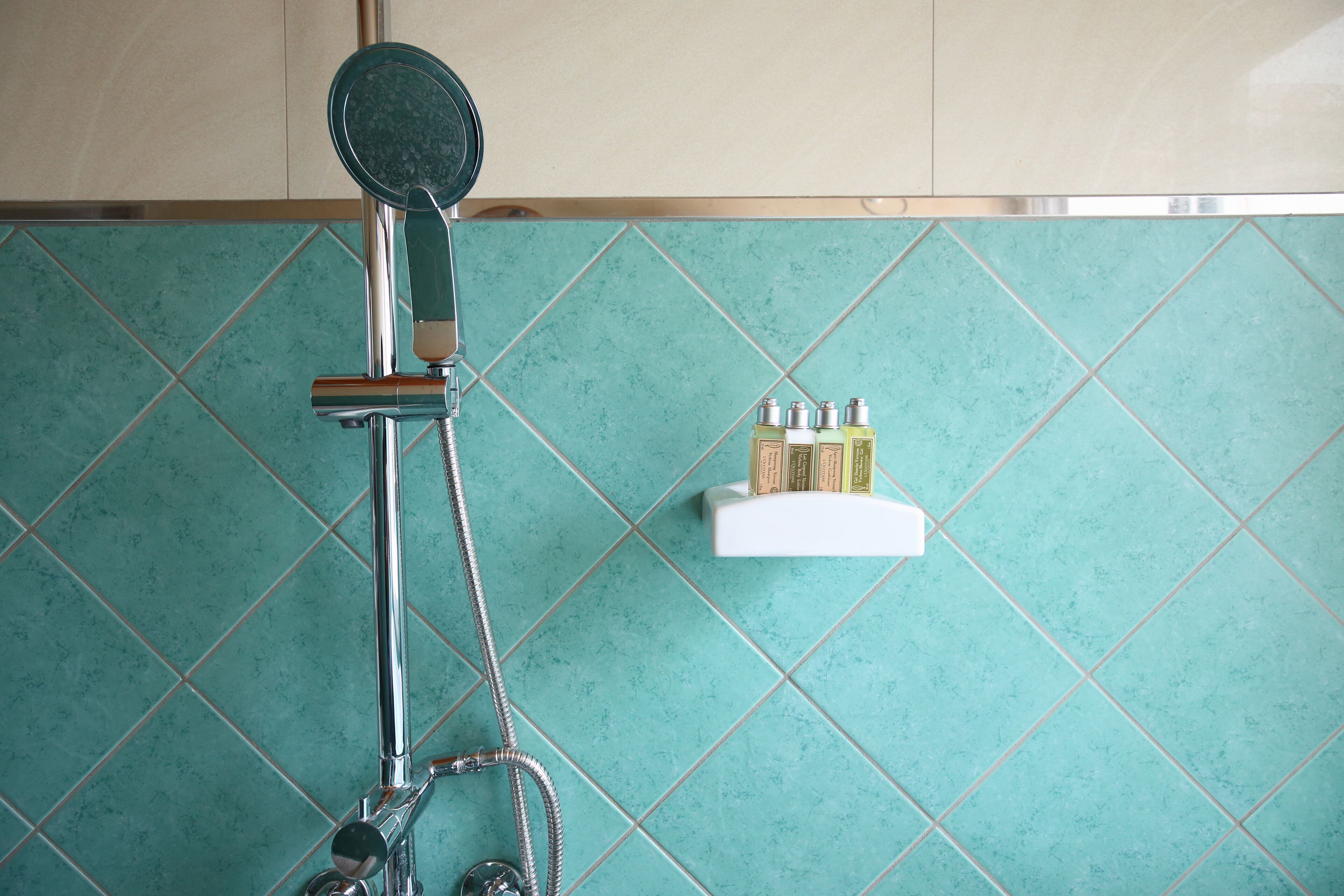 Un baño con cabezal de ducha, ducha de mano y estante con artículos de aseo.