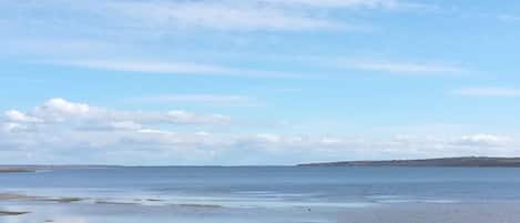 Eine Küstenlandschaft mit klarem Himmel, ruhiger See und weiter Küste im Hintergrund.