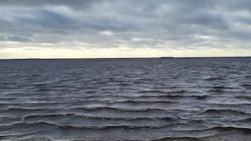 A beach with waves and a cloudy sky.