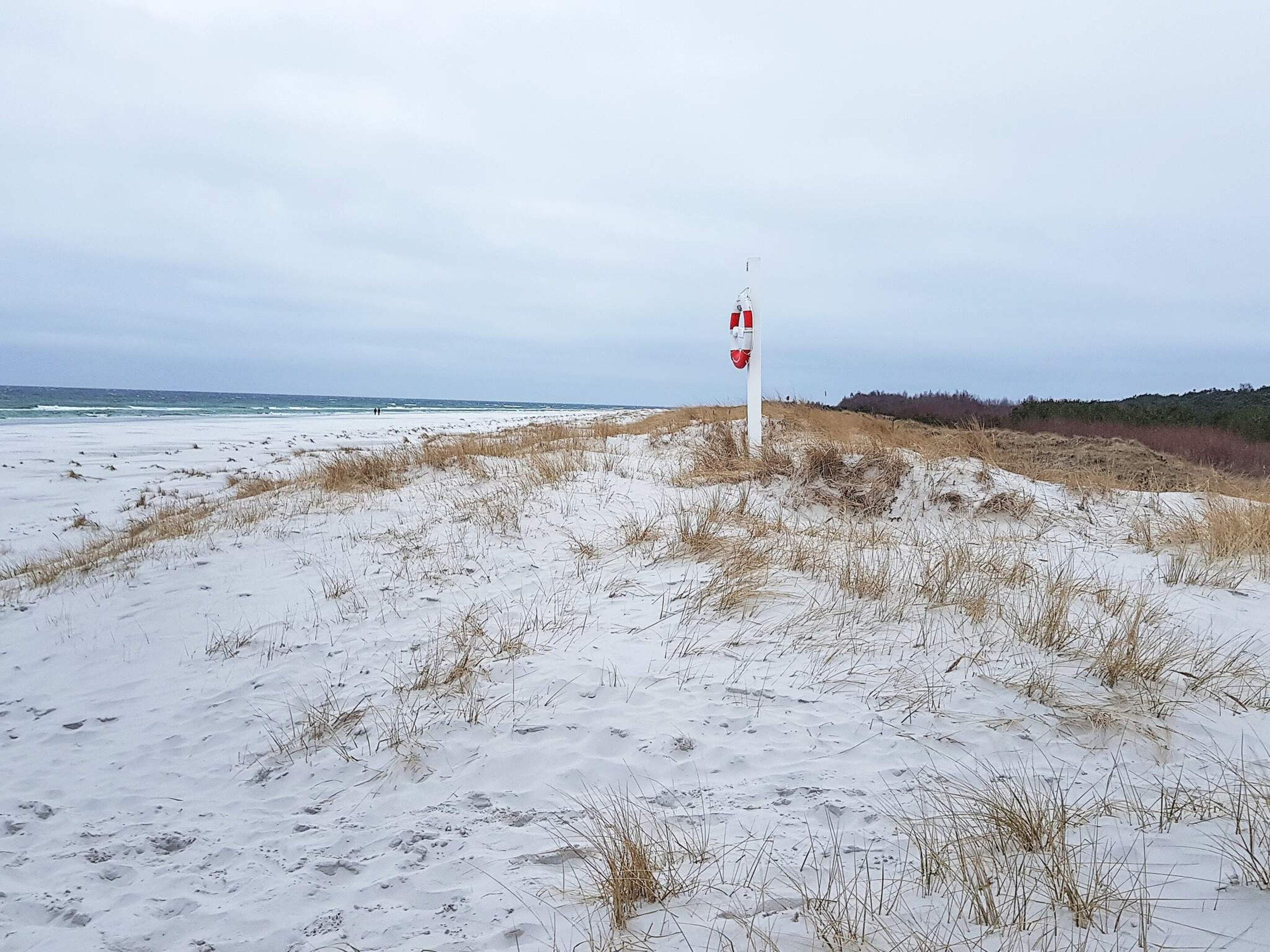 A sandy beach with a lifebuoy sign on a pole.