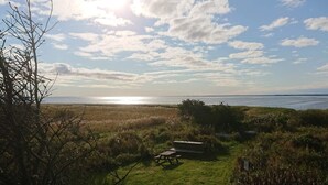 Uma área gramada com mesa para piquenique e vista para a água.