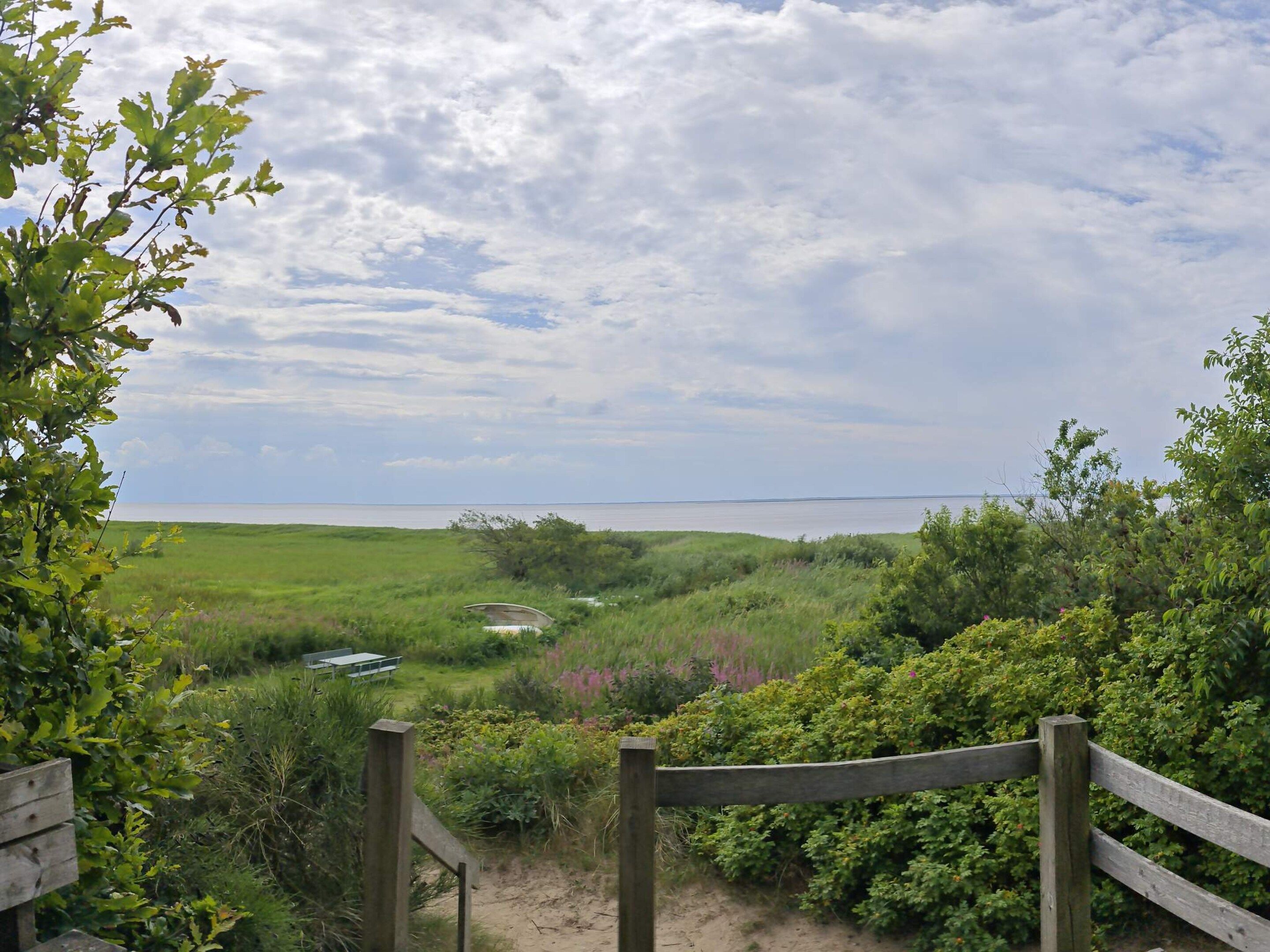 A wooden gate leading to a grassy area with a view of the sea.