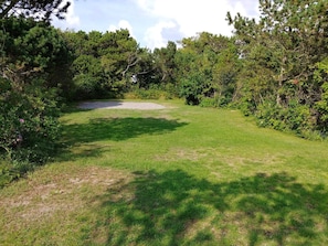 Une zone herbeuse avec de nombreux arbres et arbustes, un sentier de gravier et un ciel dégagé.