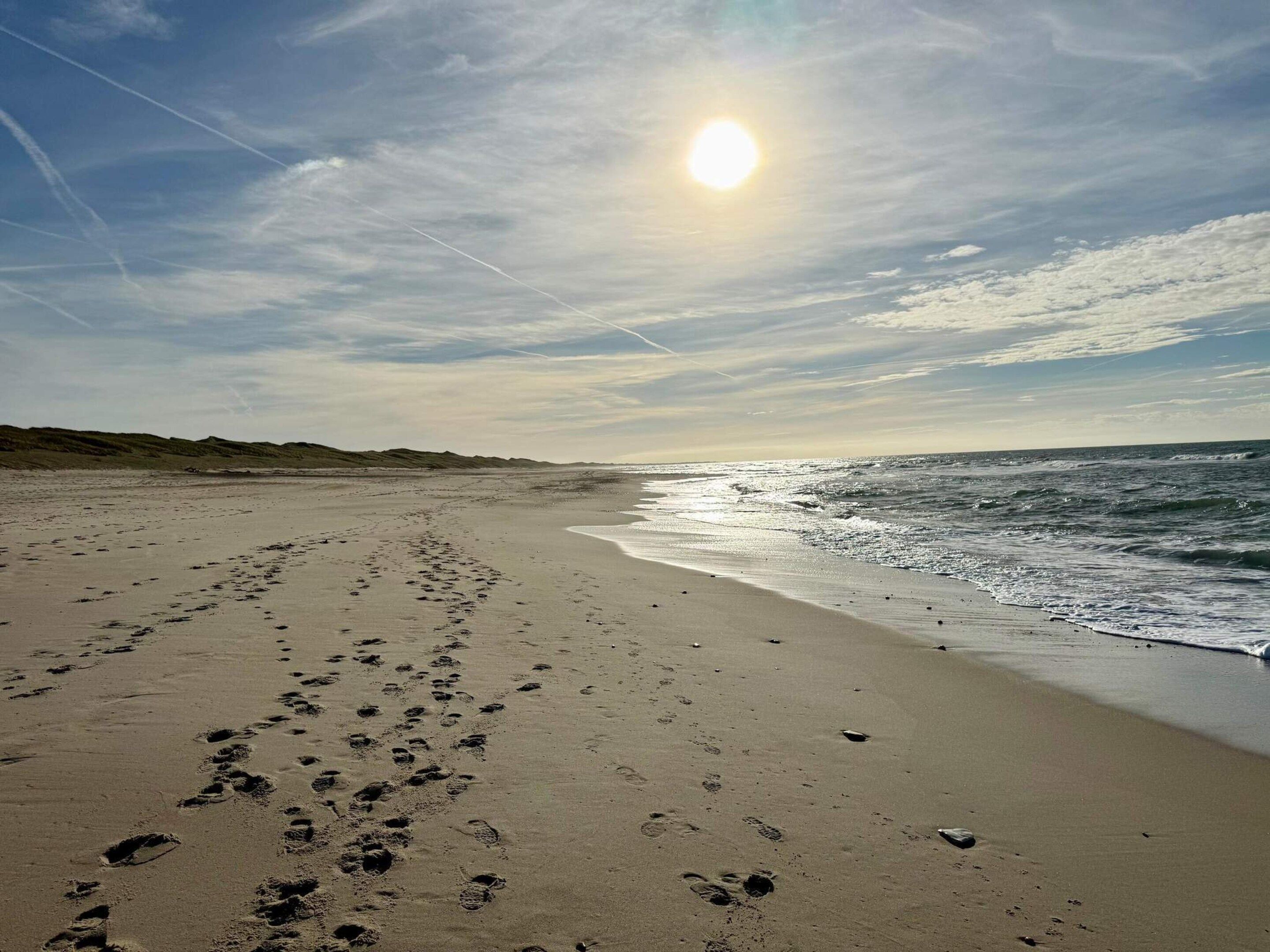 A beach with footprints leading to the water, a clear sky, and the sun low on the horizon.