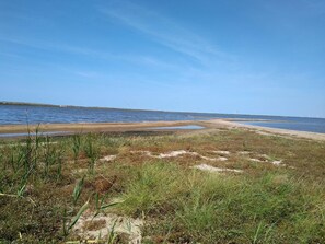 A coastal landscape with a sandy beach, grassy areas, and a calm body of water.