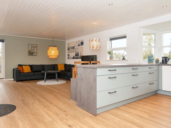 A modern kitchen with a central island, a dining area with a sofa and coffee table, and a living room with a sofa and a rug. - 5 Person Holiday Home in Farvang (Farvang)