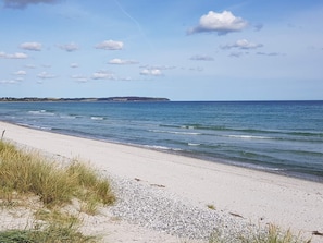 Une plage avec un ciel dégagé, une eau calme et une terre visible au loin.