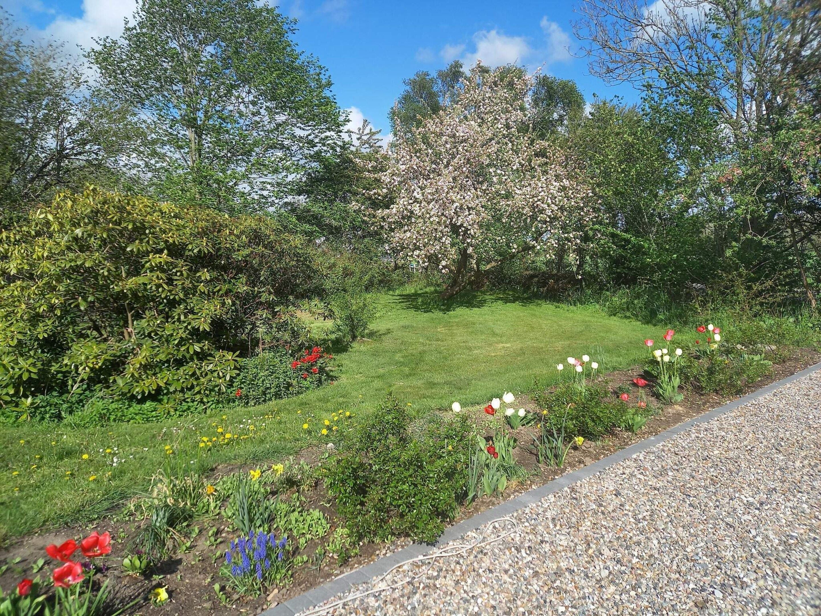 Um jardim com diversas flores e árvores, um caminho de cascalho e uma área gramada.