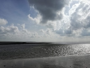 Ein Strand mit weitem Wasserblick und bewölktem Himmel.