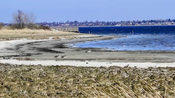 Un paisaje costero con una playa arenosa, una masa de agua y una costa distante con edificios.