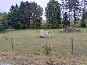 A fenced grassy field with a large rock covered in colorful graffiti. - 4 Person Holiday Home in Skibby (Skibby)
