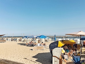 Ein Strand mit Liegestühlen und Sonnenschirmen, ein Steg im Hintergrund und klarer Himmel.