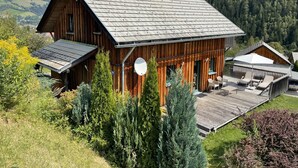 A wooden cabin with a metal roof, surrounded by greenery and a mountainous backdrop.