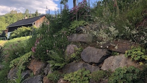 A stone wall with greenery and a tree in the background.