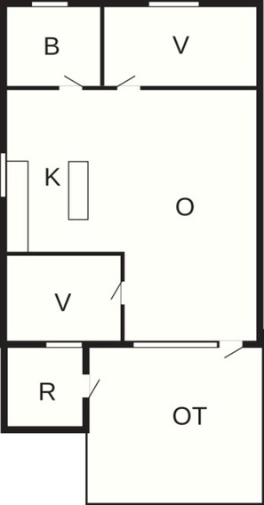 En plantegning med mærkede rum: B, V, K, R og OT.