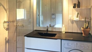 Een badkamer met een douchecabine van glas, een wastafel met een zwart aanrechtblad, een spiegel, een potplant, een wasmachine en een toilet.
