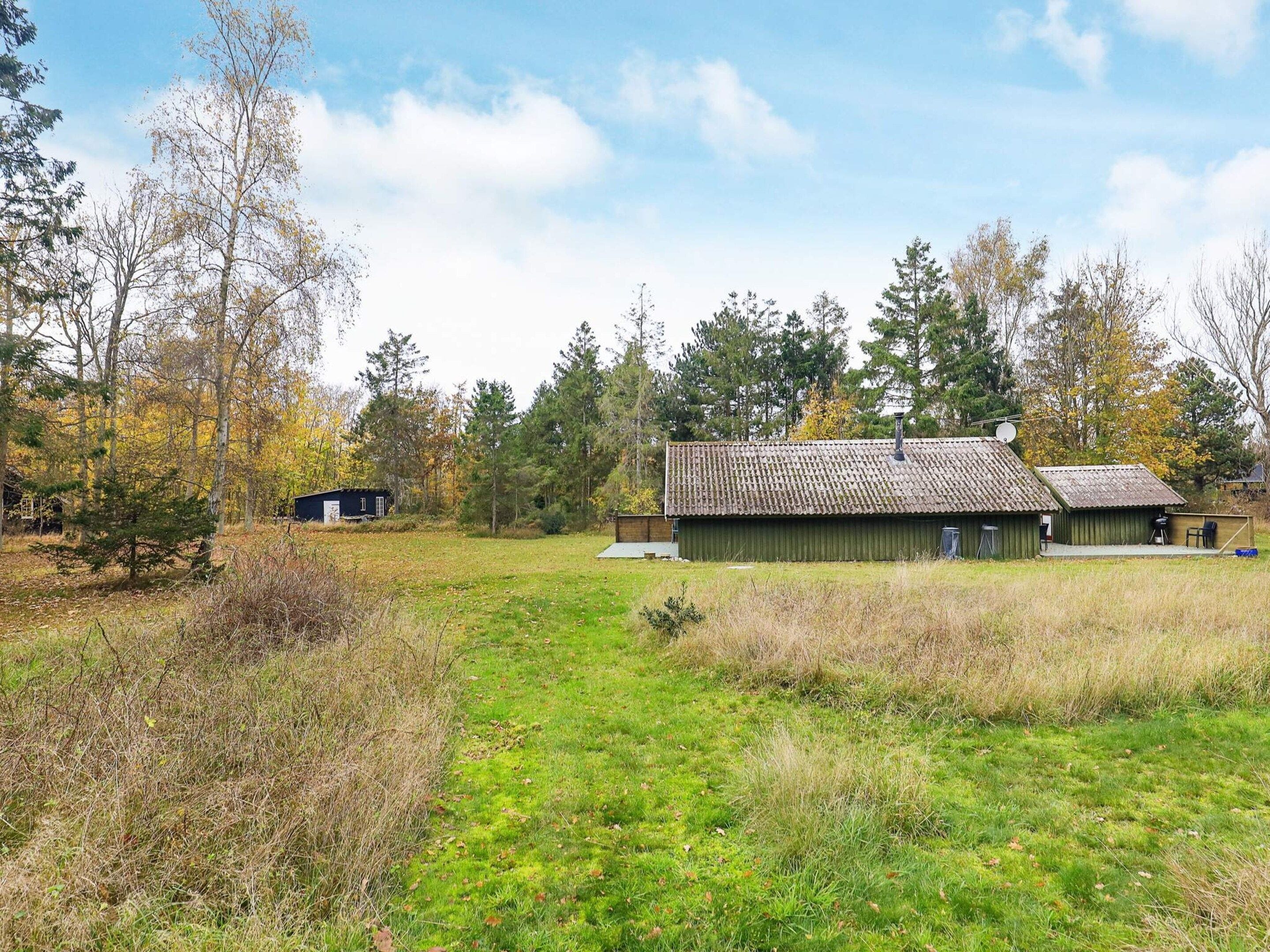 A rustic cabin with a green exterior and a tiled roof, surrounded by a grassy field and trees.