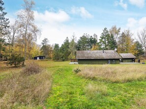 A rustic cabin with a green exterior and a tiled roof, surrounded by a grassy field and trees. - 5 Person Holiday Home in Martofte (Martofte)