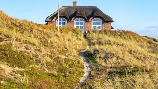 A house with a thatched roof, set on a grassy hill with a dirt path leading to it. - 5 Star Holiday Home in Ringkobing (Ringkobing)