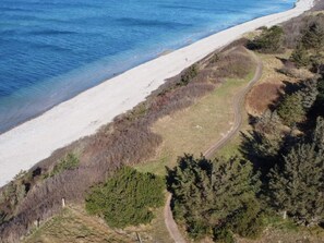Luchtbeeld van een strand met een onverharde pad dat naar een bebost gebied leidt.