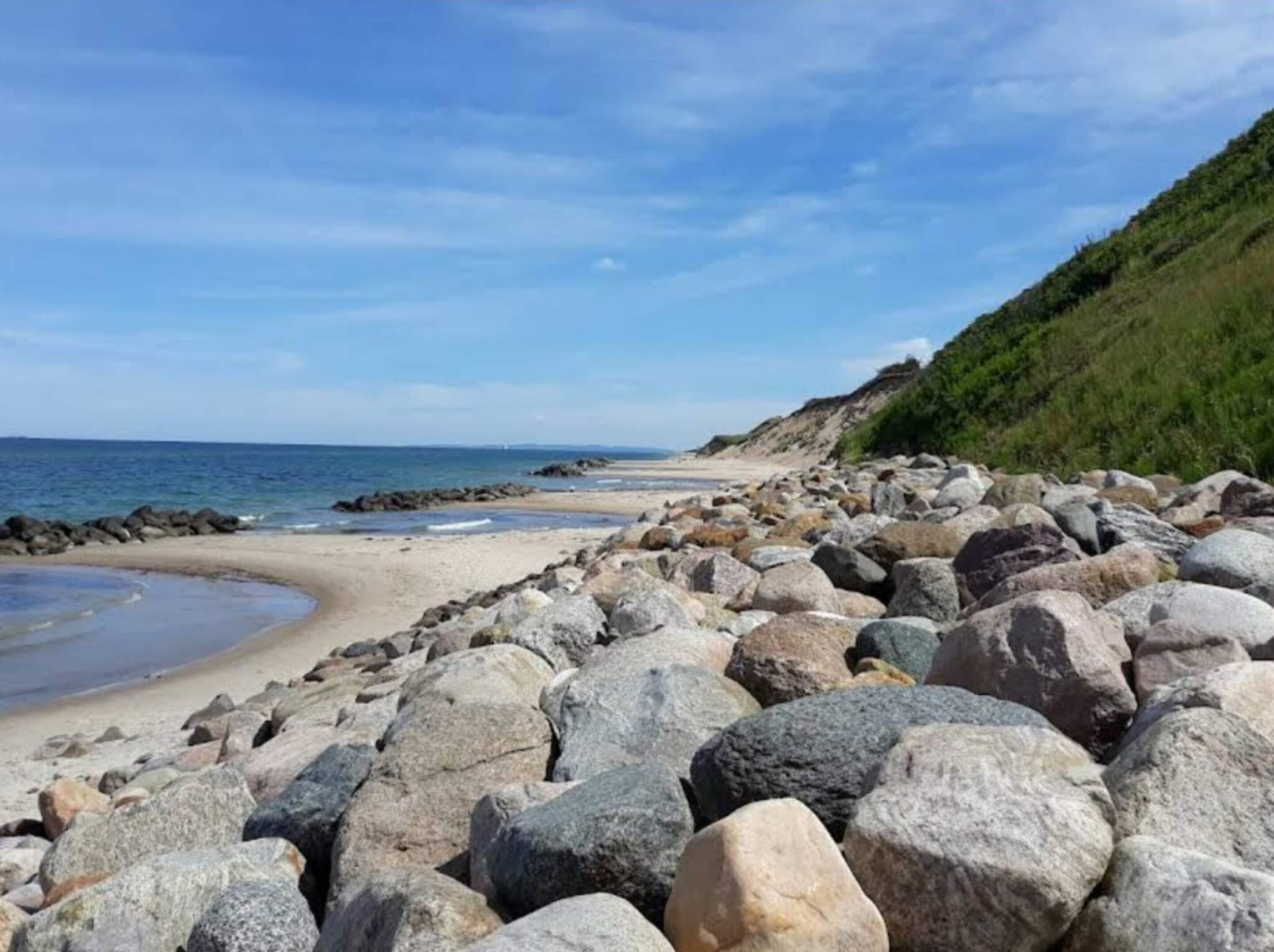 A rocky beach with a clear sky.