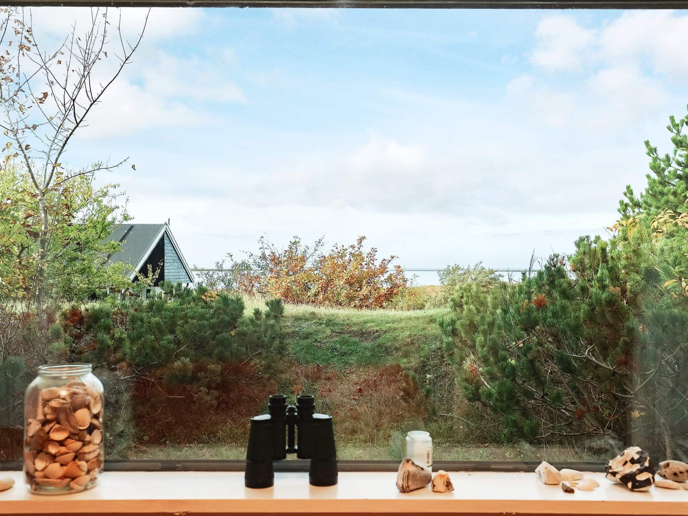 A window with binoculars, a jar of nuts, and a can on a ledge.