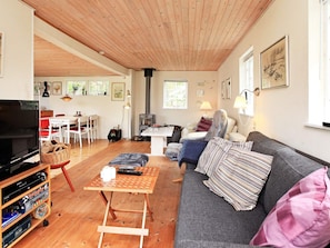 A cozy living room with a sofa, a TV, a wooden table, and a fireplace. - 6 Person Holiday Home in Store Fuglede (Store Fuglede)