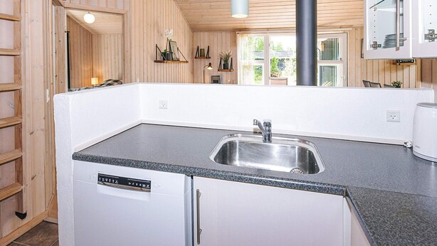 A compact kitchen with a built-in dishwasher, a sink, and a stove.