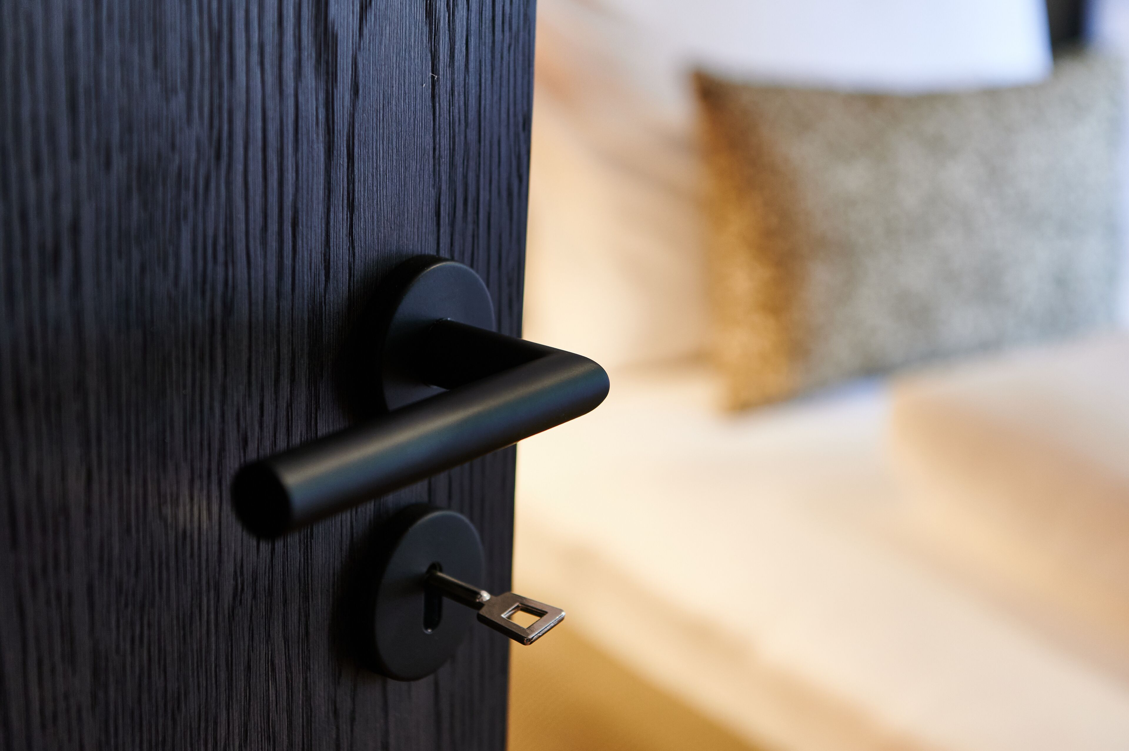 A close-up of a door handle and lock mechanism.