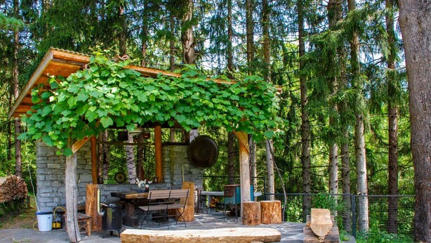 Ein rustikaler Essbereich im Freien mit einem Steintisch und -bänken, umgeben von einer Holzwickerpergola, dicht bewachsen mit grünen Weinreben.