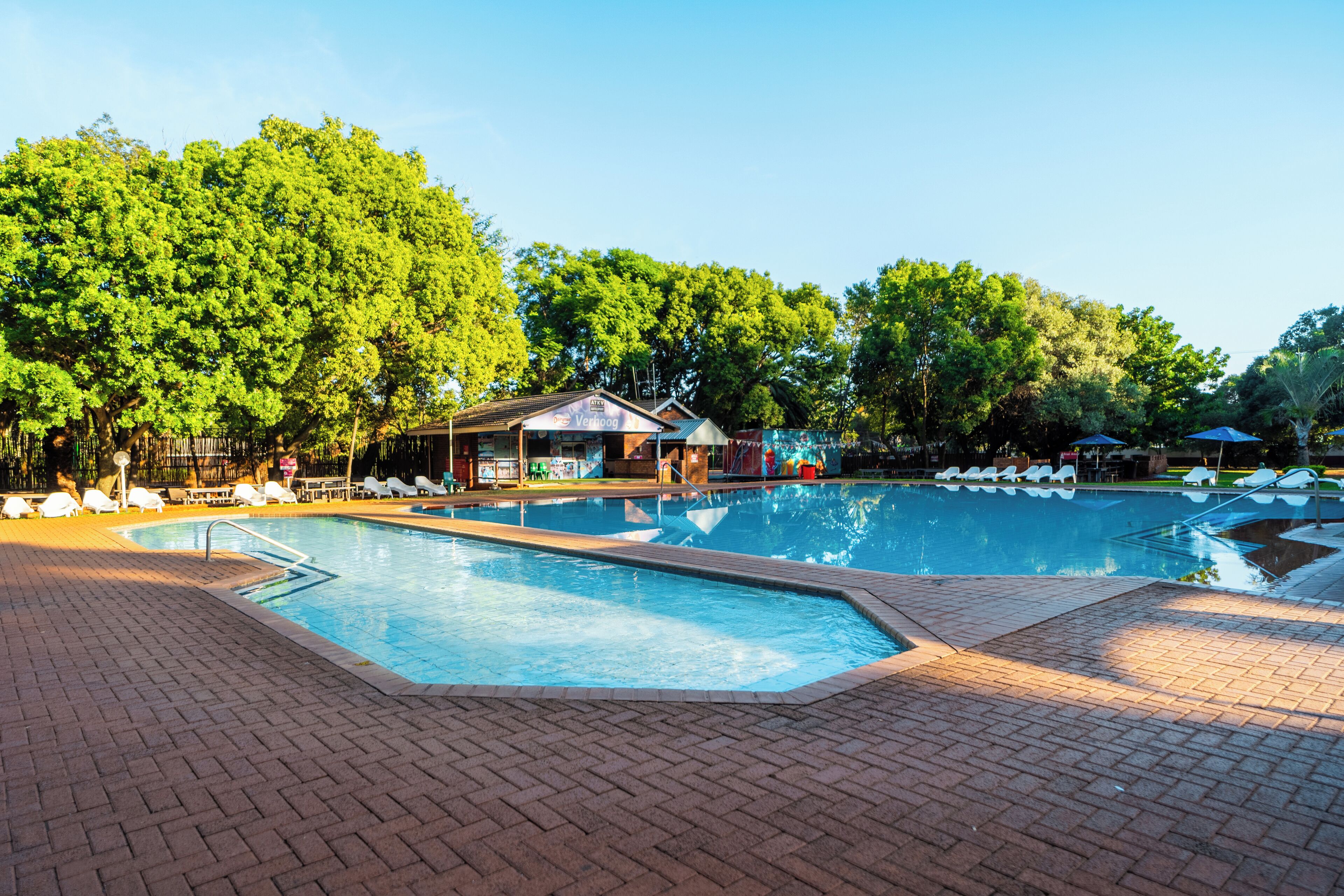 A swimming pool with lounge chairs and umbrellas, surrounded by trees and a brick walkway.