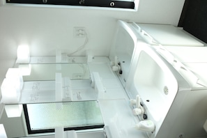 Fridge, microwave, electric kettle, cookware/dishes/utensils