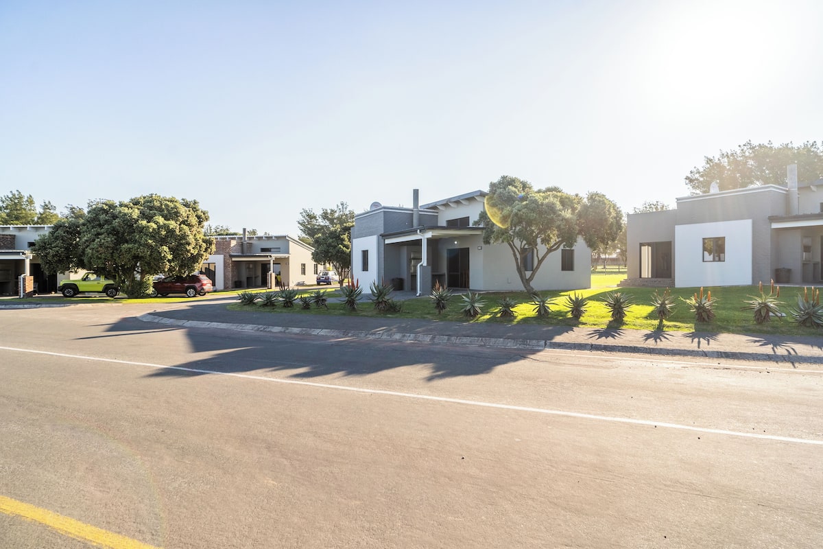 A residential street with modern houses, a clear sky, and a green car parked on the side.