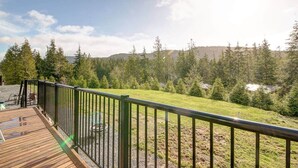A wooden deck with a metal railing overlooking a grassy area with trees and a distant mountain range. - Shore 2 Please (Oceanview with Amazing Views) (Port Renfrew)