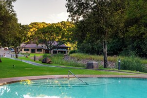 Una piscina con una escalera metálica, rodeada de césped y árboles.