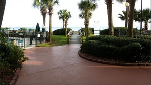 A pathway leading to a pool area with palm trees and a view of the sea. - Lifes a beach on Myrtle Beach (Myrtle Beach)